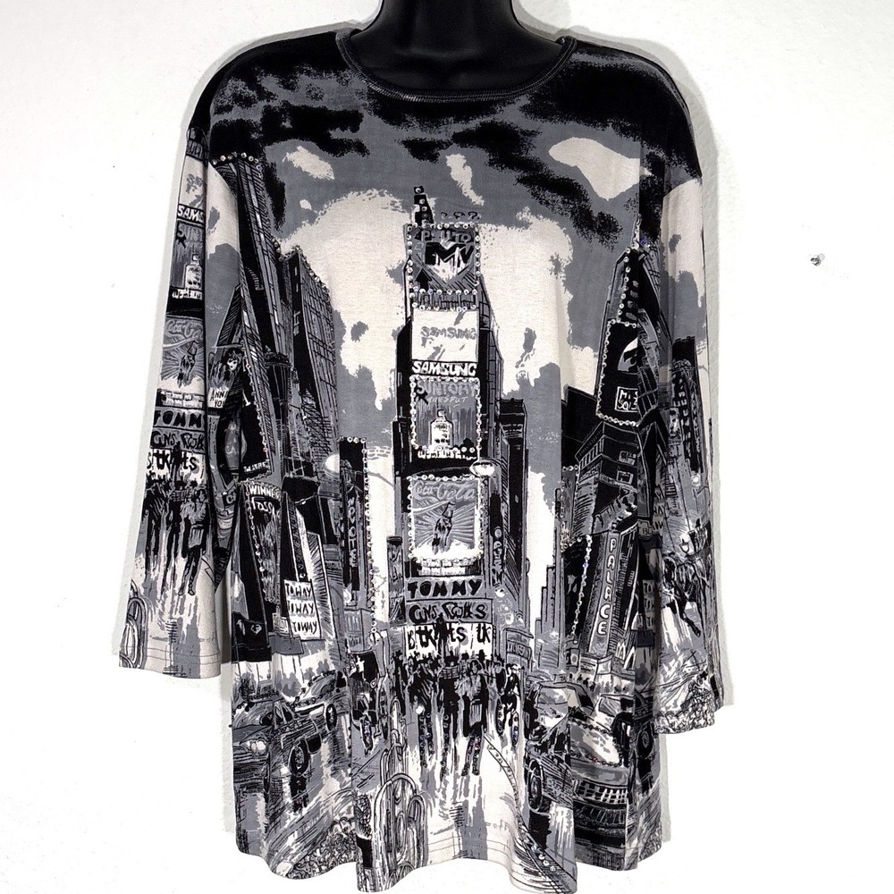 Times Square NYC Broadway Top Y2K Rhinestone Shiny Black White 1X Artsy  Quirky